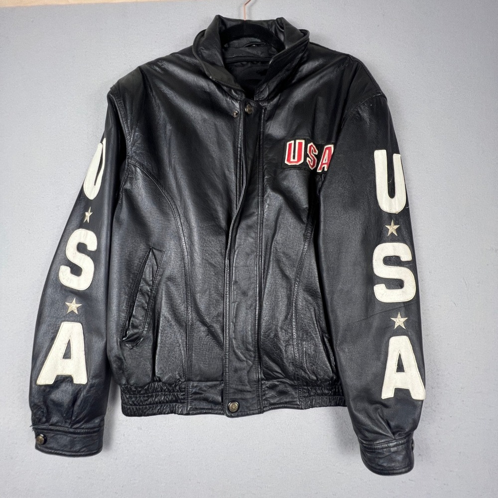 Leather Bomber Jacket Mens L Black USA Eagle Patriotic Biker Vintage Rocker - Picture 3 of 16